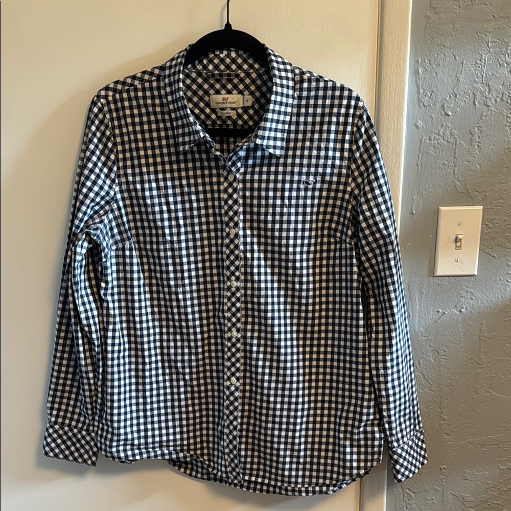 EUC Vineyard Vines Womens Navy & White Gingham Button-Down Cotton Shirt.  Sz 12